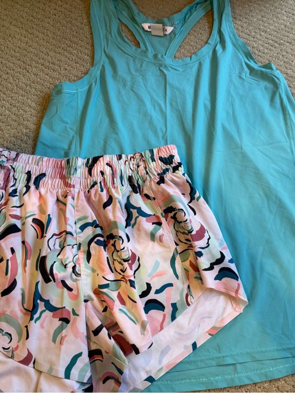 Athleta Pink Peach Racerback Tank with Pastel Floral Shorts Bundle
